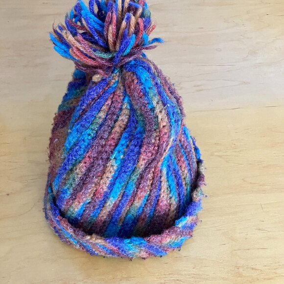 Artisan Handmade Ribbed Pom Pom Hat – Vibrant Self-Striping Yarn OS - Picture 4 of 7